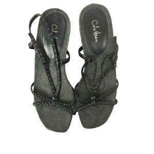 Cole Haan Sandals Size 8.5B Heels Open Toe‎ Black/Gray Leather Buckle Strap